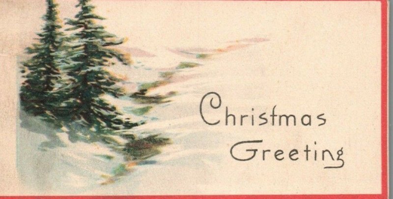 1880s-90s Christmas Greeting Snow Pine Trees Merriment & Mirth Trade Card