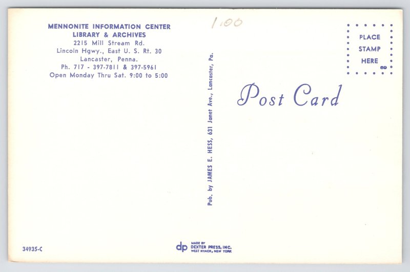 Lancaster PA~Mennonite Information Center Library & Archives~Vintage Postcard