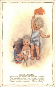 Milford By the Seaside Adorable Children Flag Ship on Beach c1920 Postcard