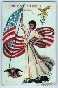 1907 Pretty Woman United States Of America Flag Patriotic Glitter Postcard
