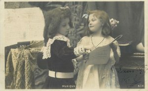 Postcard children costume smile flower dress portrait coiffure musique piano