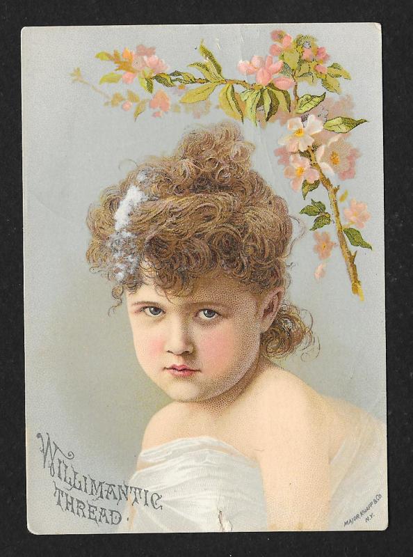 VICTORIAN TRADE CARD Willimantic Thread Girl Flowers