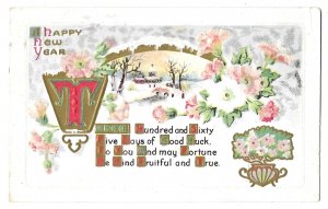Happy New Year, Unmailed, Embossed Divided Back Postcard, Flowers