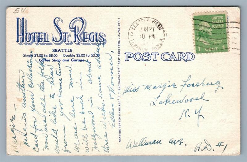 SEATTLE WA HOTEL ST. REGIS ADVERTISING VINTAGE POSTCARD