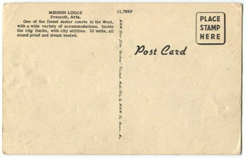 100411 MISSION LODGE MOTEL PRESCOTT AZ ARIZONA VINTAGE LINEN POSTCARD