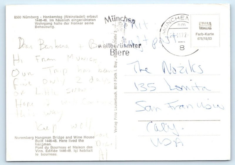 Nuremberg - Hangman Bridge & Wine House- GERMANY 4x6 Postcard