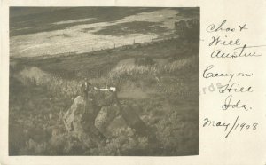 #2 Caldwell-Canyon Hill, Idaho-People on Rocks 1908 IDA RPPC Real Photo Postcard