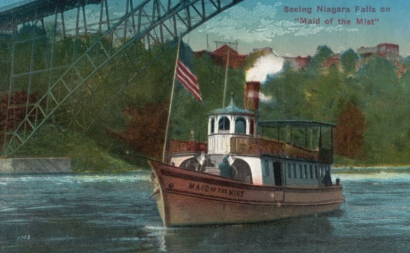 Vintage Postcard Seeing Niagara Falls On Maid Of Mist Through Powerful Steamer