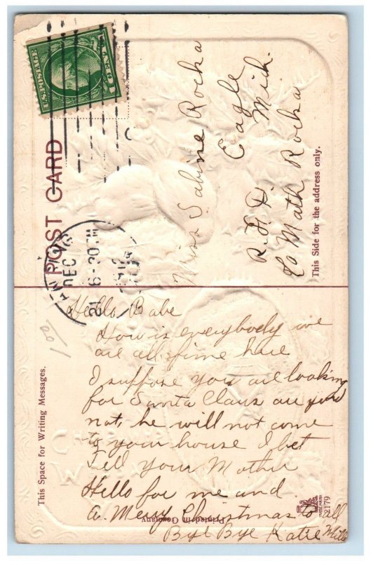 Christmas Postcard Song Birds Holly Berries Windmill Embossed Eagle MI 1912