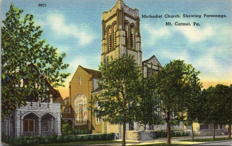 Methodist Church Showing Parsonage Mt Carmel PA Pennsylvania Linen Postcard VTG 