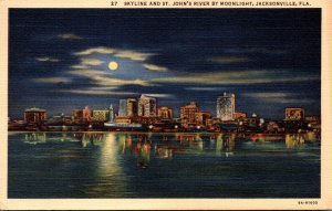 Florida Jacksonville Skyline and St John's River By Moonlight 1940 Curteich