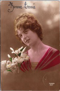 Beautiful Lady Glamour Coloured Bonne Annee  Vintage RPPC C206