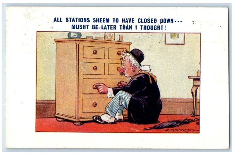 1928 Drunk Man Humor All Stations Sheem To Have Closed Down Montreal PQ Postcard