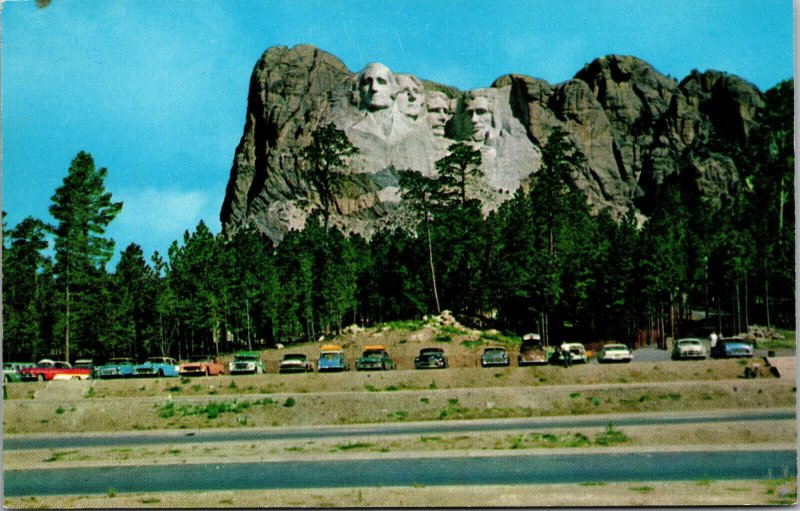 Vtg 1950s Mt Rushmore Parking Area Black Hills South Dakota SD Chrome Postcard