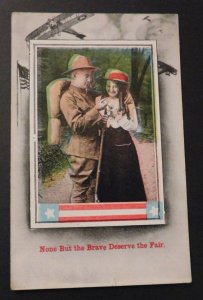 Mint Postcard America None But the Brave Deserve the Fair Soldier Lovers Woman