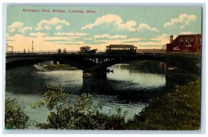 c1910 Michigan Avenue Bridge Streetcar Trolley Lansing Michigan Vintage Postcard