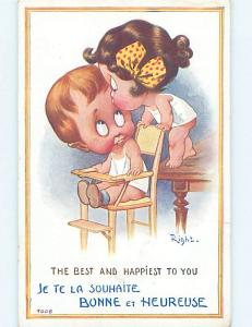 Unused Pre-Linen foreign signed GIRL GIVES BOY A KISS ON THE FOREHEAD J4780