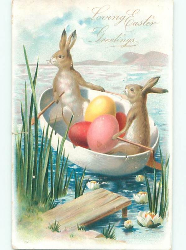 Pre-Linen Easter HUMANIZED BUNNY RABBIT IN EGG SHAPED BOAT AB3287