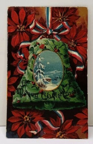 Poinsettias Patriotic Ribbom Holly Berry Bell Embossed to Waynesboro Postcard E7 