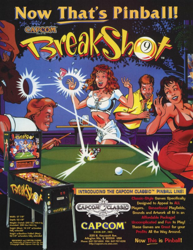 Break Shot Pinball FLYER Capcom 1995 Original NOS Art Sheet Pool Theme Breakshot 