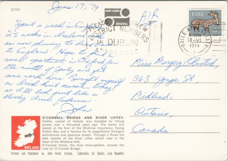 Dublin Ireland O'Connell Bridge River Liffey Buses John Hinde Postcard C6