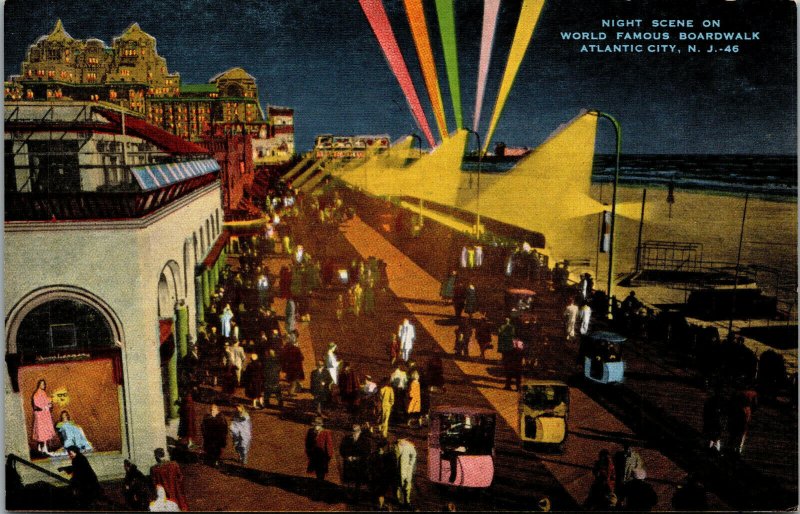 Vtg 1940s Night Scene Boardwalk Rolling Chairs Atlantic City New Jersey Postcard