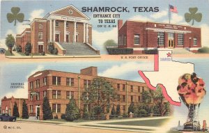 Linen Rout 66 Postcard Shamrock TX Multiview Post Office Church Hospital Wheeler