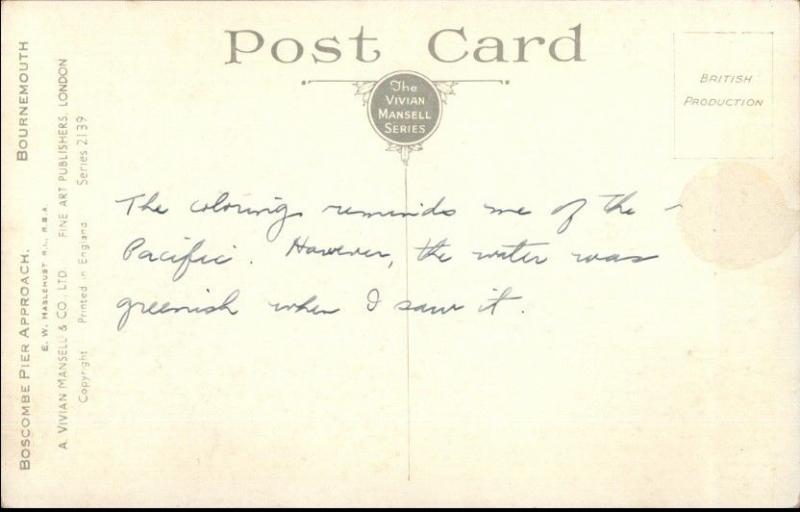 Bournemouth Boscombe Pier Vivian Mansell Postcard c1915