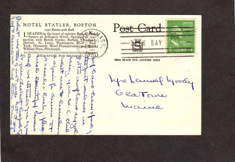 MA Hotel Statler Park Square Boston Mass Massachusetts Postcard