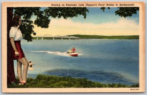 Vtg Kentucky KY Boating On Kentucky Lake Eggner's Ferry Bridge 1940s Postcard