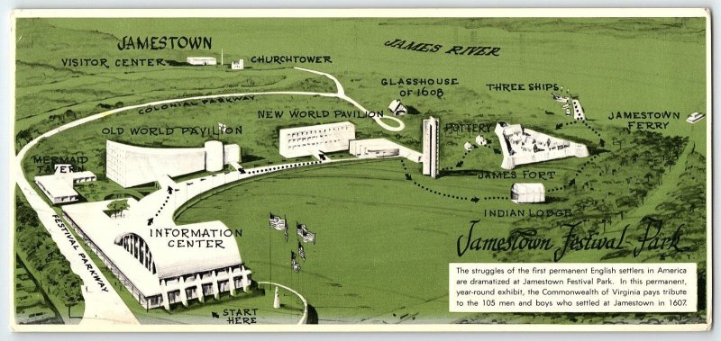 1960s JAMESTOWN FESTIVAL PARK COLONIAL WILLIAMSBURG VIRGINIA AERIAL MAP  Z837