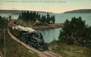 FLYING BLUENOSE PASSING BEAR RIVER N.S. CANADA ANTIQUE POSTCARD train railroad