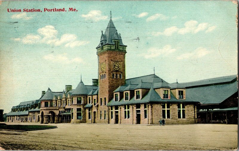 Union Station Portland Me Maine 1c Stamp WOB Note Portland Cancel c1911 Postcard 