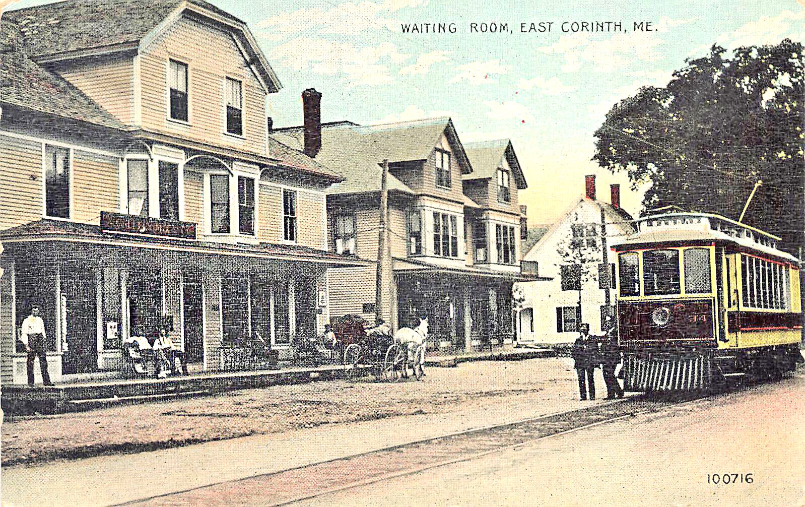 East Corinth ME Waiting Room Trolley Car Horse & Wagon, Postcard
