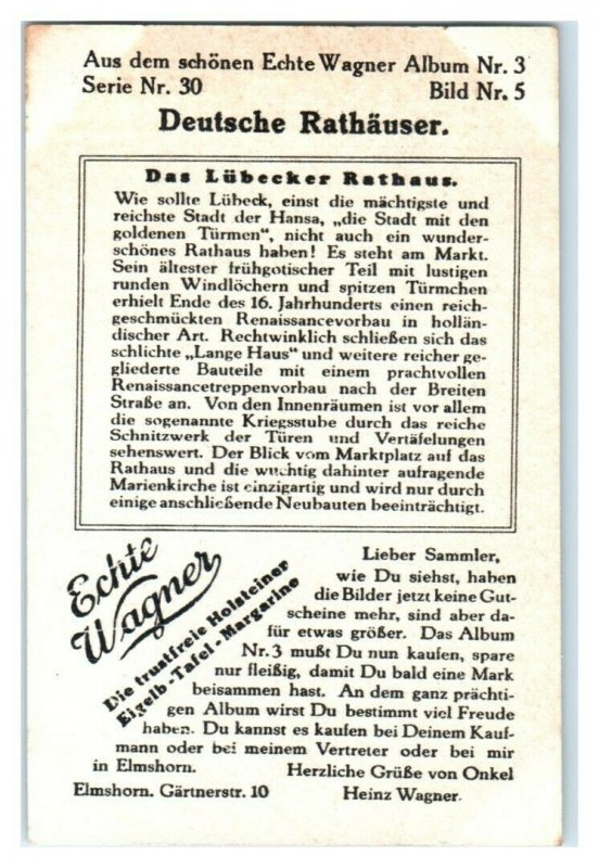Lubeck Rathaus, German Town Halls, Echte Wagner Trade Card *VT31W