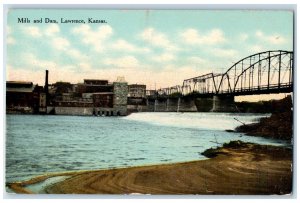 c1910 Bridge River Mills and Dam Lawrence Kansas KS Antique Unposted Postcard