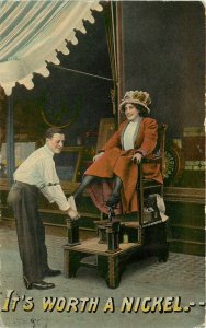 c1911 Postcard It's Worth a Nickel, Woman Gets Shoe Shine, Man Looks at her Legs