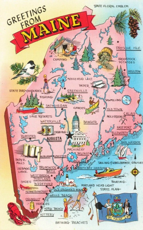 Postcard Map The Pine Tree State Maine