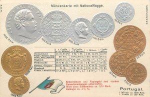 Embossed coinage national coins & flag vintage postcard currency Portugal reis 