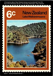 CONTINENTAL SIZE POSTCARD LAKE WAIKAREMOANA NEW ZEALAND 6c STAMP