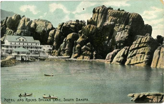 Hotel and Rocks - Boating on Sylvan Lake, SD South Dakota - DB