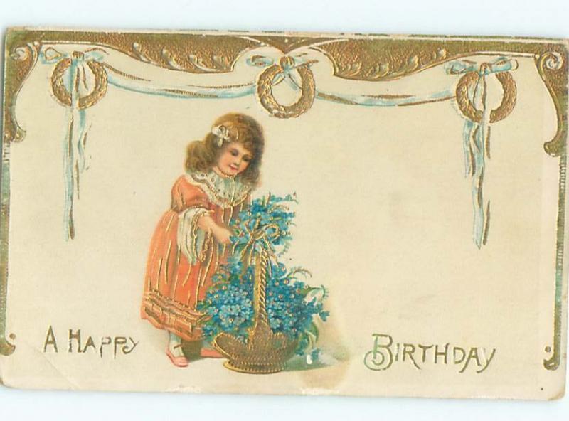 Pre-Linen GIRL WITH BASKET OF FORGET-ME-NOT FLOWERS AC2215