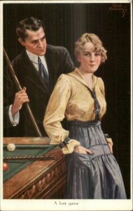 Billards Game Romance Beautiful Woman Handsome Man c1910 Postcard