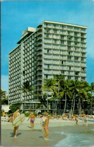 Vtg Honolulu Hawaii HI Outrigger Hotel Waikiki Beach View Surfer Postcard