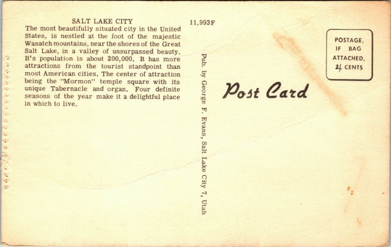 Greetings from Salt Lake Utah 1951 vintage Linen Large Letter UNPOSTED POSTCARD