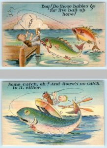 2 Comic Postcards FISHING EXAGGERATIONS Live Bait, Some Catch ca 1940s Linens