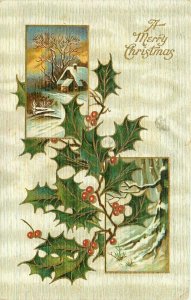 Merry Christmas pm 1908 Holly and Rural Winter Scene Postcard