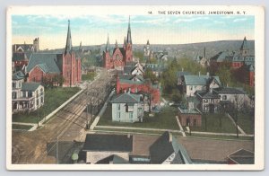 State View~Birds Eye Seven Churches Jamestown NY~Hamm Vintage Postcard