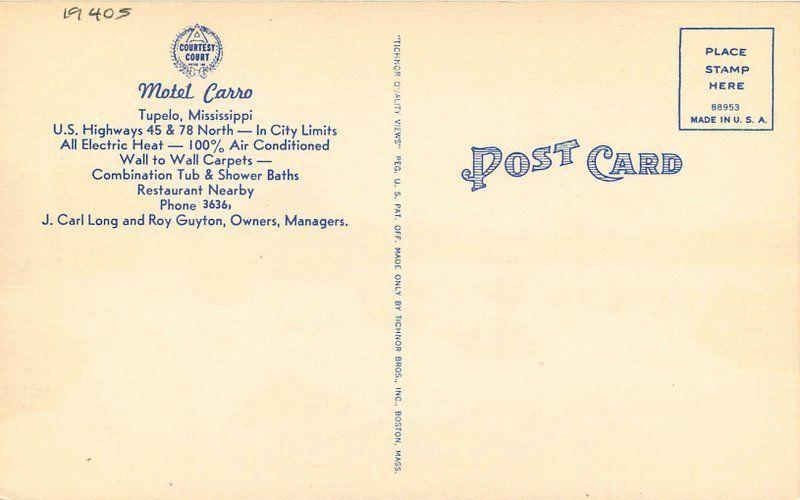 1940s Motel Carro Postcard roadside Tupelo Mississippi Tichnor 13215