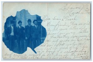 1907 Candid Cyanotype Men Cigars Bowler Hat Lebanon ME RPPC Photo Postcard 